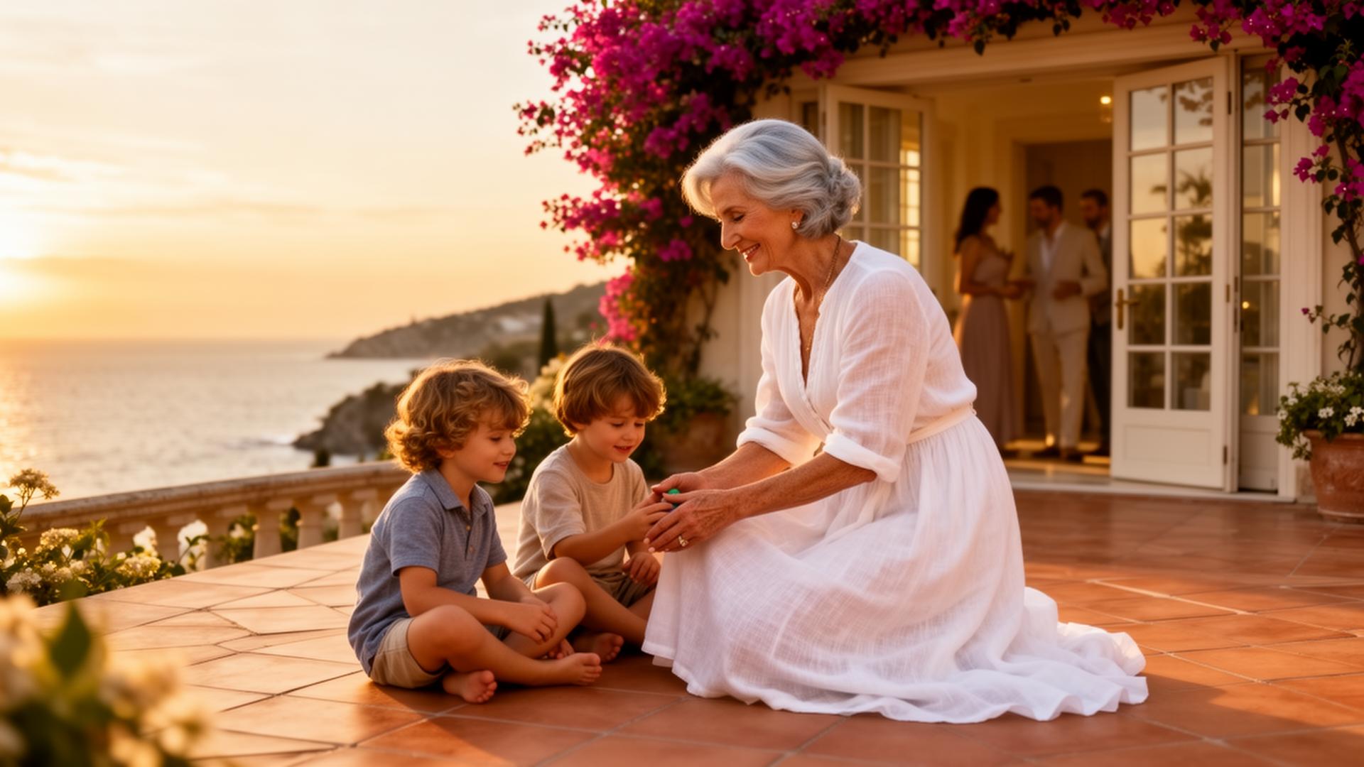 Grandmother with grandchildren on a villa terrace, parents visible in the background